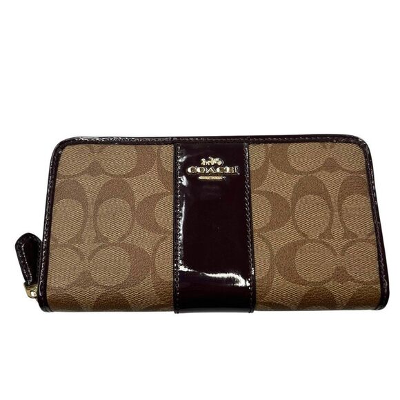 Coach Signature C Patent Leather Zip-Around Wallet Accordion Wallet Brown - Picture 1 of 9